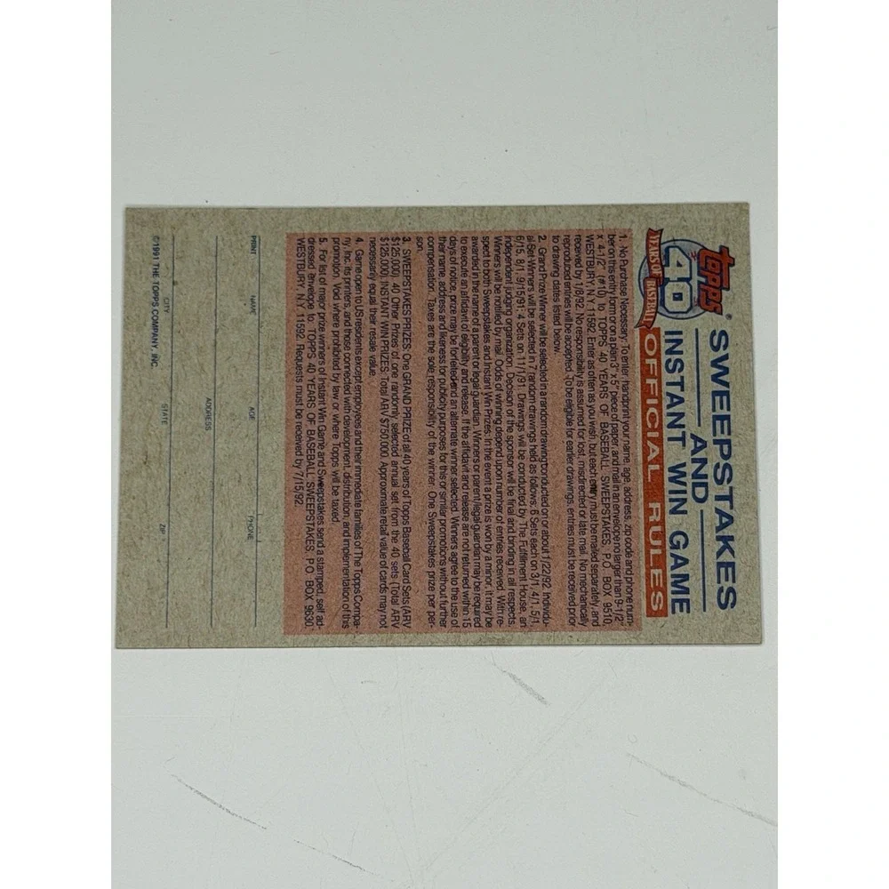 Topps 1991 Instant Win Game Sweepstakes Insert Card #A12383ABC Baseball